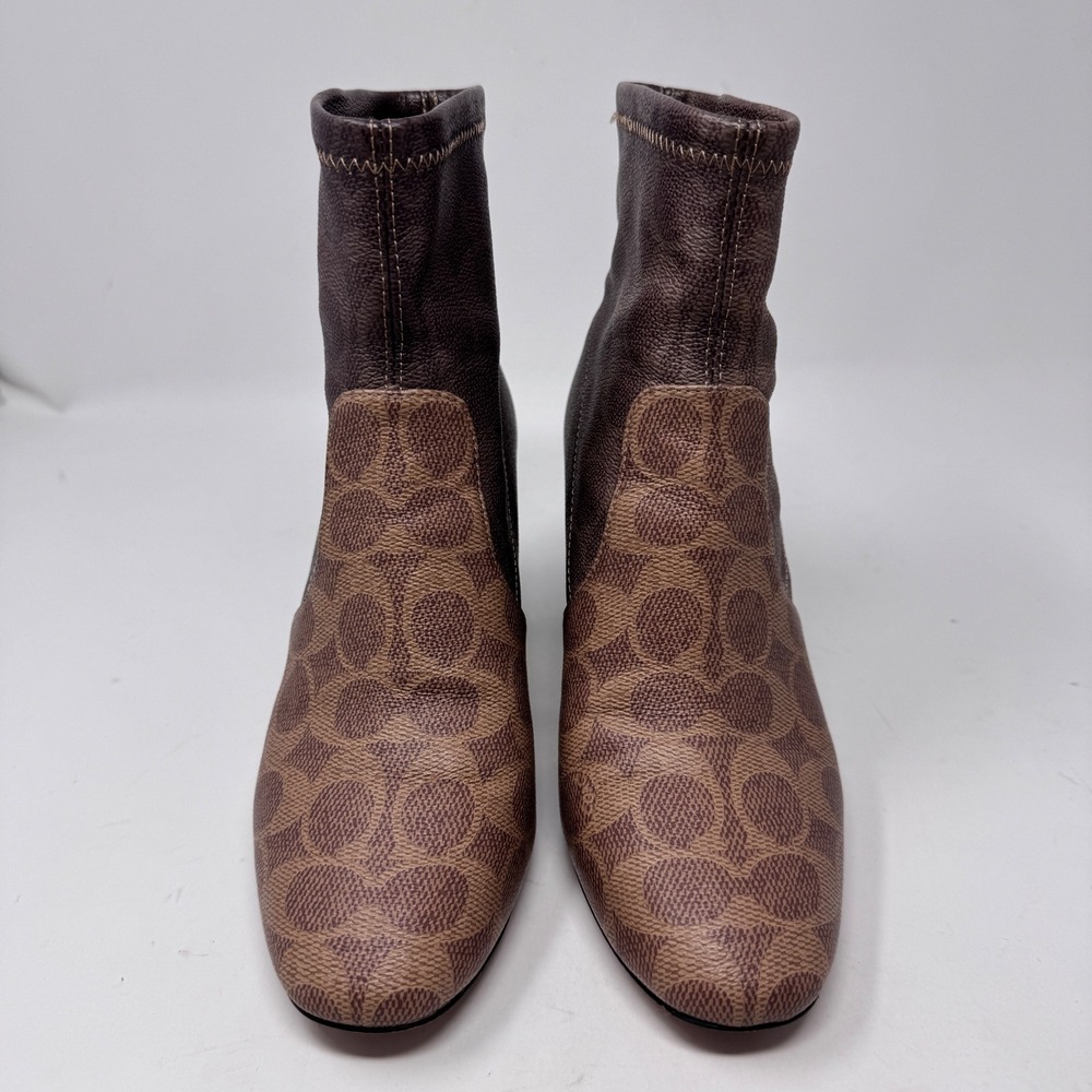 Coach Margot Signature Monogram Ankle Booties Brown Block Heel Size 6 - Picture 2 of 10
